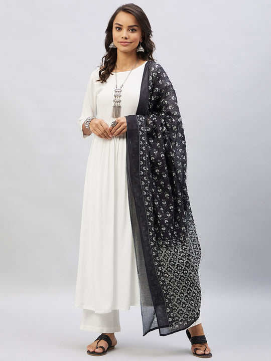Cream Anarkali Kurta Set With Black Chintz Print Dupatta
