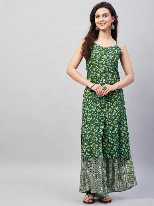 Green Bagh Print Spaghetti Kurta Zig Zag Palazzo Set