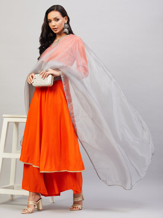 Orange Gota Long Kurta Set W Grey Gota Or Dupatta