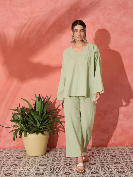 SAGE GREEN KANTHA BOHO FULL SLEEVE COORD SET