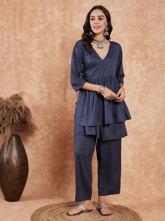 Dark Teal Lurex High Low Angrakha Tie Up Kurta Set