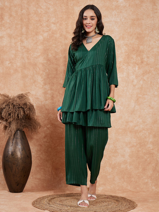 Pine Green Lurex High Low Angrakha Tie Up Kurta Set