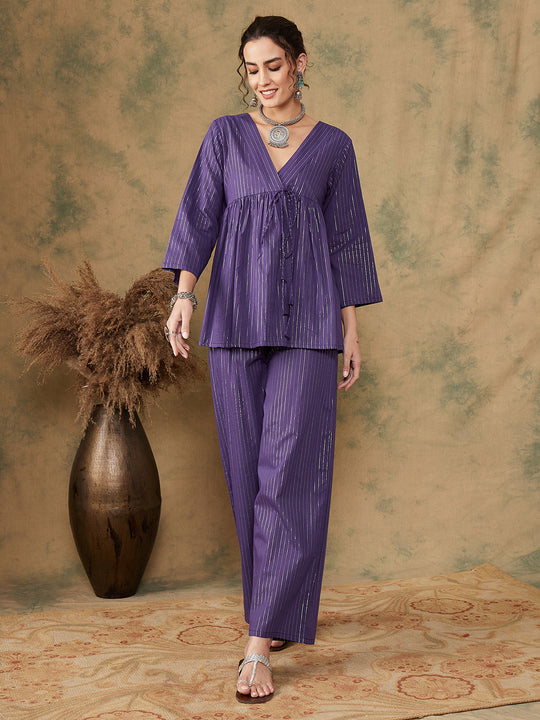 Purple Lurex V Neck Front Tie Up Kurta Pant Set