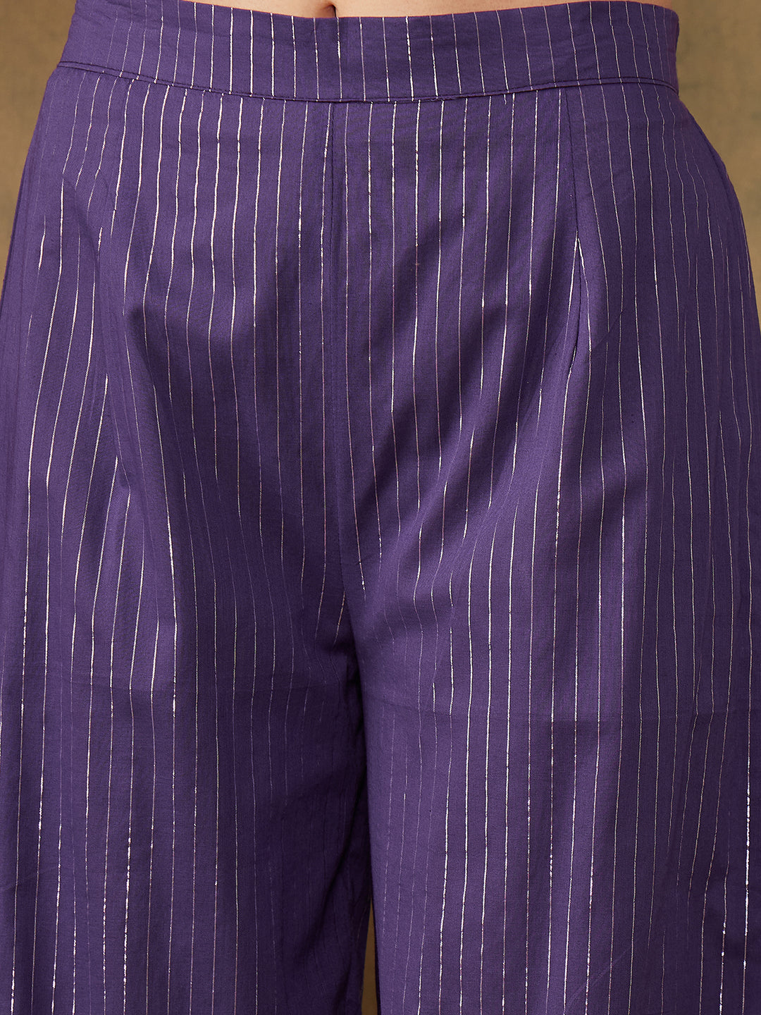 Purple Lurex V Neck Front Tie Up Kurta Pant Set