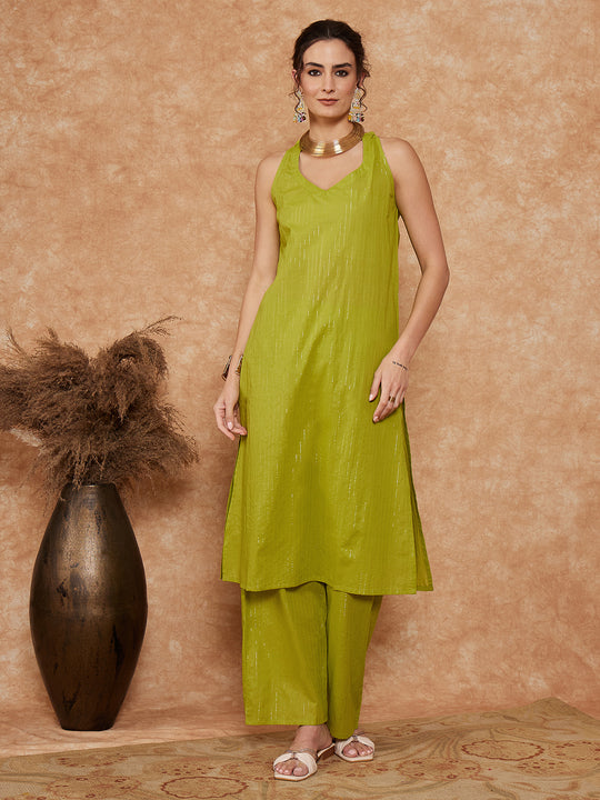 Lime Green Lurex Neck Patti Halter Kurta Pant Set