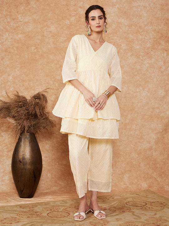 White Gold Lurex High Low Angrakha Tie Up Kurta Set