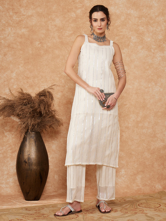 White Lace Lurex Thick Strapp Straight Kurta Pant Set