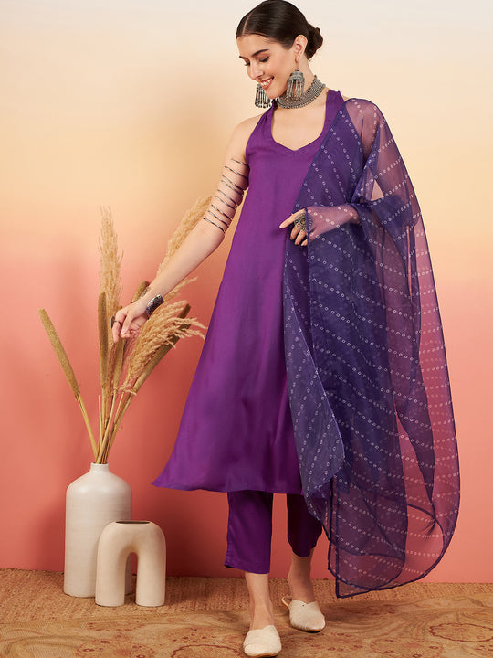 Violet Neck Patti Halter Kurta Set W Violet Badhani Dupatta