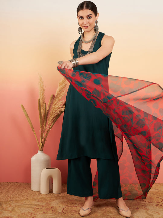 Dark Green Neck Patti Halter Kurta Set Red Green Or Dupatta