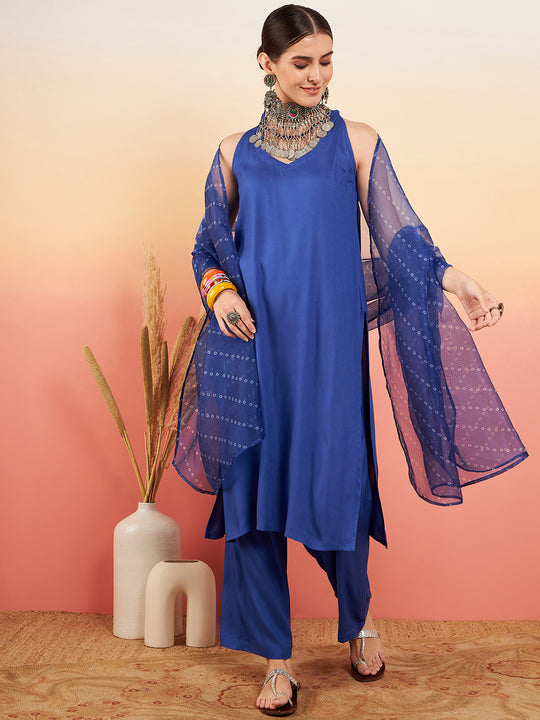 Ink Blue Neck Patti Halter Kurta Set Blue Badhani Or Dupatta