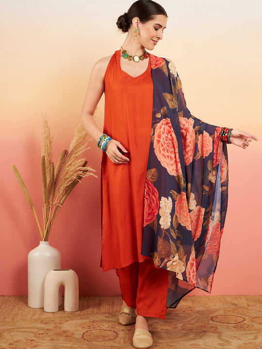 Marmalade Orange Neck Patti Halter Kurta Set Navy Floral Ge Dupatta