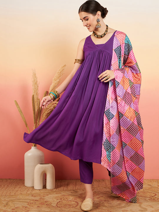 Violet Sleeveless Flared Kurta Set Squar Badhani Silk Dupatta
