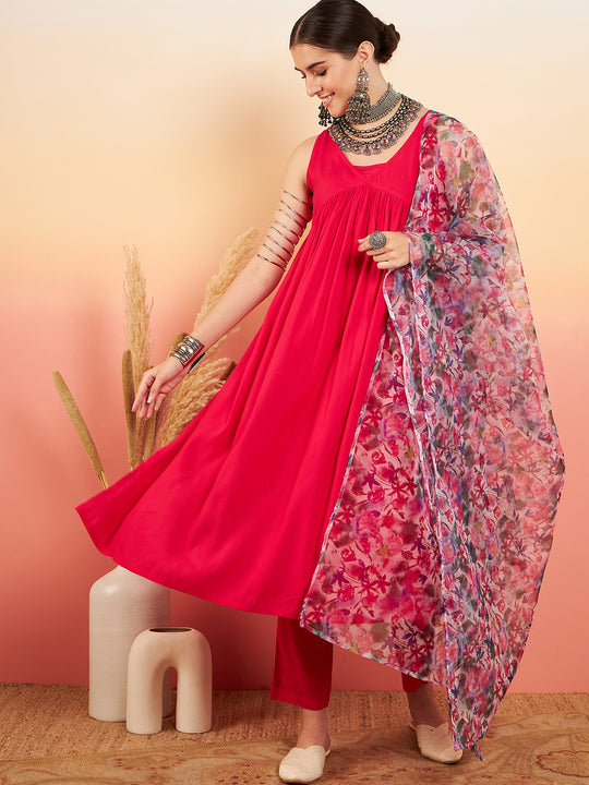 Magenta Sleeveless Flared Kurta Set Blue Pink Or Dupatta