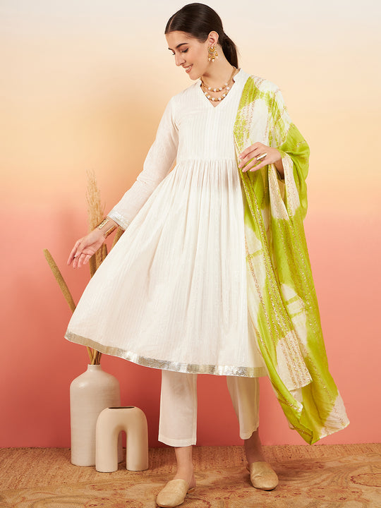 White Lurex V Neck Gota Anarkali Kurta Set Lime White Lurex Dupatta