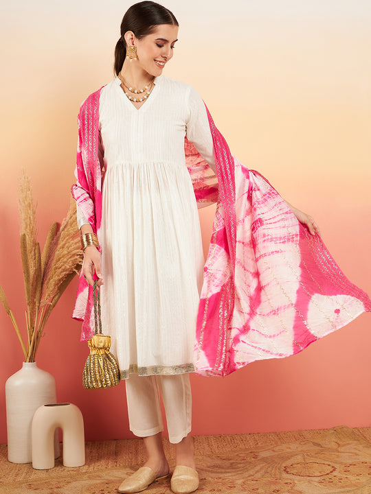 White Lurex V Neck Gota Anarkali Kurta Set Magenta Lurex Dupatta