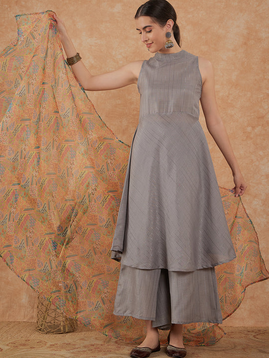 Light Grey Lurex Kurta Set Multi Garden Or Dupatta