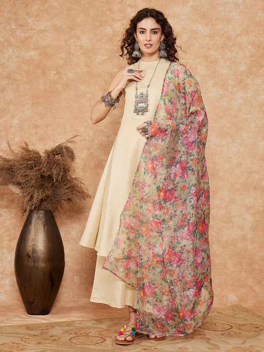 Cream Lurex Kurta Set Pear Green Pink Or Dupatta