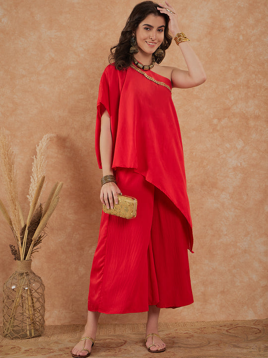 Red One Shoulder Rayon Kurta Set With Gota Work