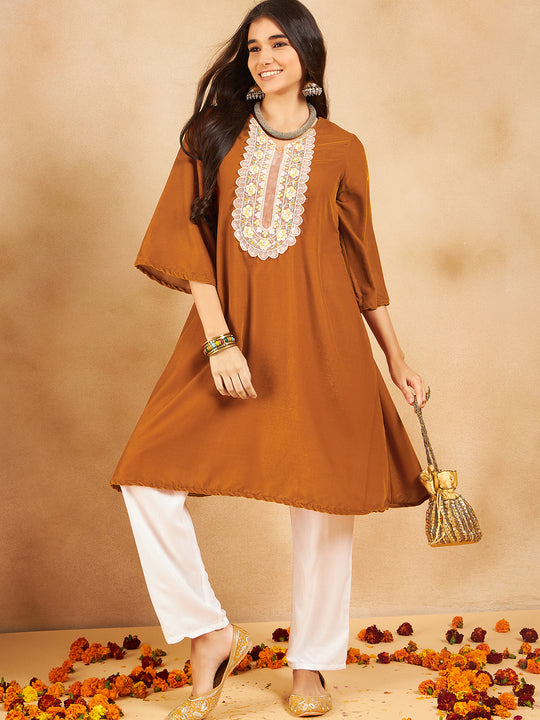 Mustard V Neck Patch Work Velvet Short Kurta Pant Set