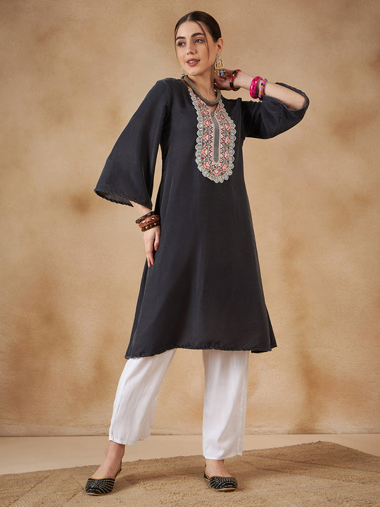 Dark Grey V Neck Bell Sleeve Patch Work Velvet  Kurta Pant Set