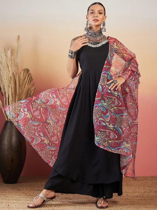 BLACK STRAPPY W PEACH SWIRL PRINT ORGANZA DUPATTA SET