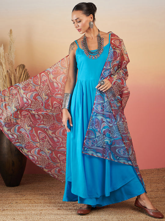 CYAN BLUE STRAPPY W PEACH SWIRL PRINT ORGANZA DUPATTA SET
