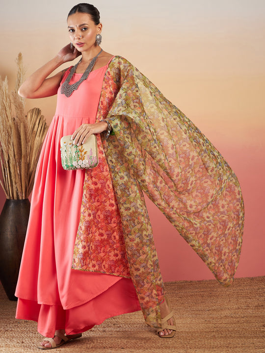 DARK PEACH STRAPPY W OLIVE LIBERTY PRINT ORGANZA DUPATTA SET