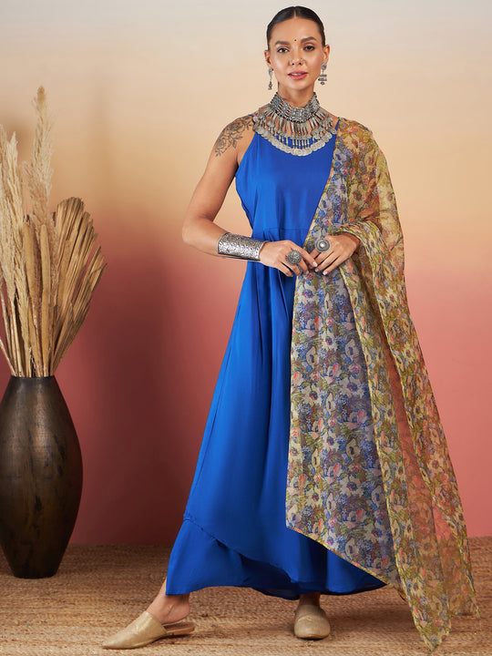 INK BLUE STRAPPY W OLIVE LIBERTY PRINT ORGANZA DUPATTA SET