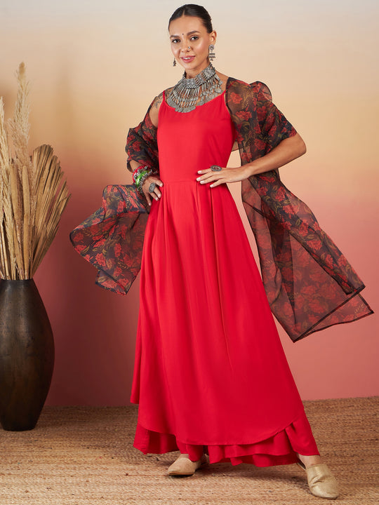 RED STRAPPY W BLACK ORANGE FLORAL PRINT OR DUPATTA SET