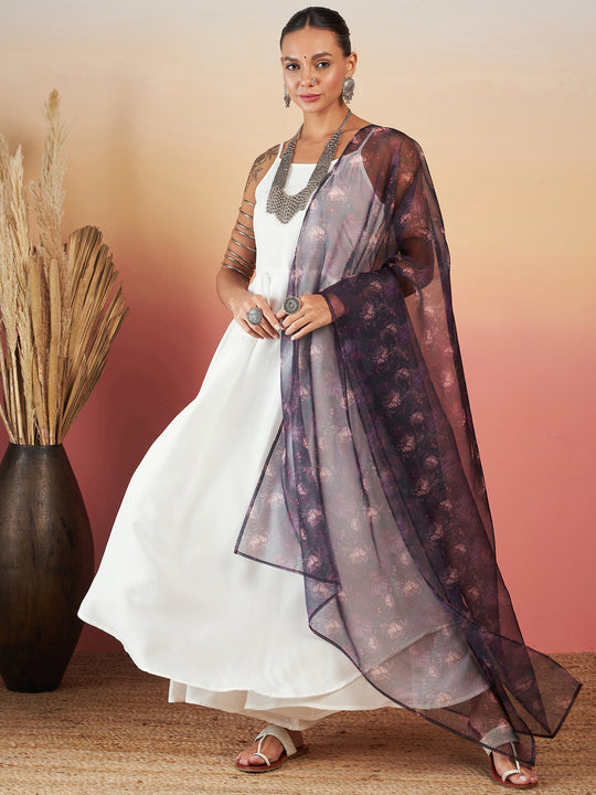 WHITE STRAPPY W BLACK DARK FLORAL PRINT OR DUPATTA SET