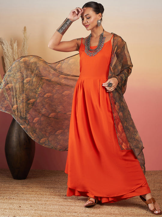 ORANGE STRAPPY W DARK BROWN LEAF PRINT OR DUPATTA SET