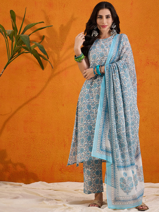 White Blue Rose Jaal Round Neck Kurta Set W Dupatta