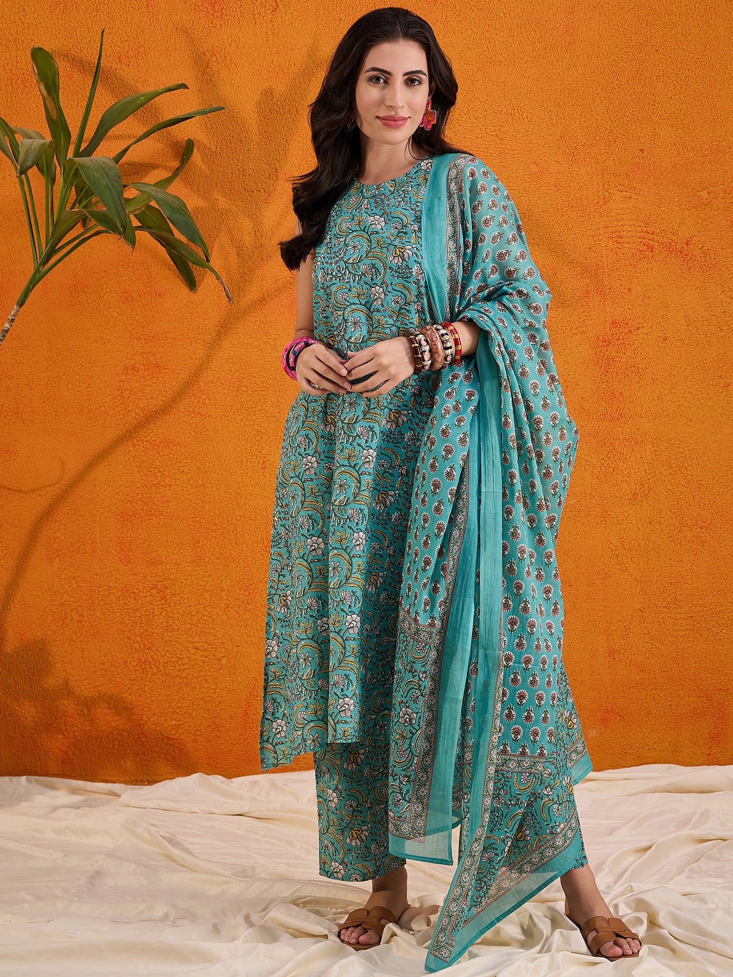 Teal Jaal Kalamkari Round Neck Kurta Set W Dupatta