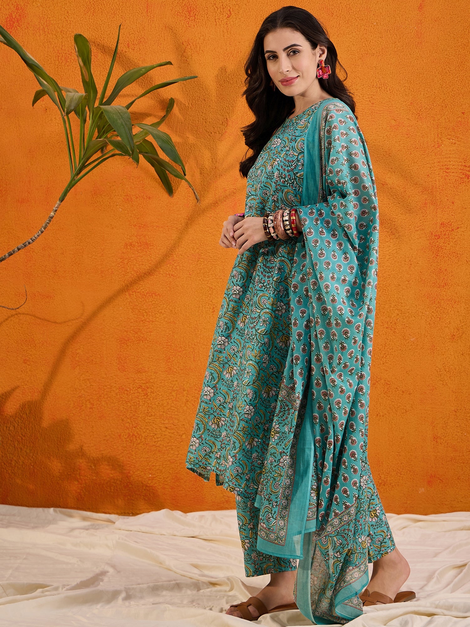 Teal Jaal Kalamkari Round Neck Kurta Set W Dupatta