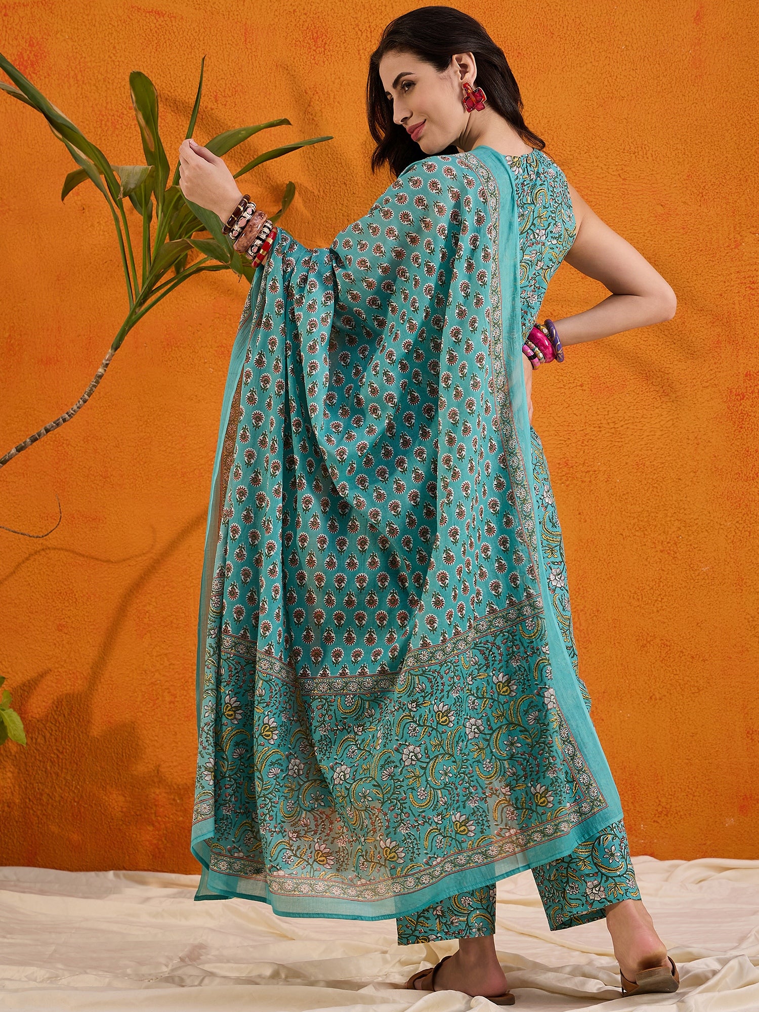 Teal Jaal Kalamkari Round Neck Kurta Set W Dupatta