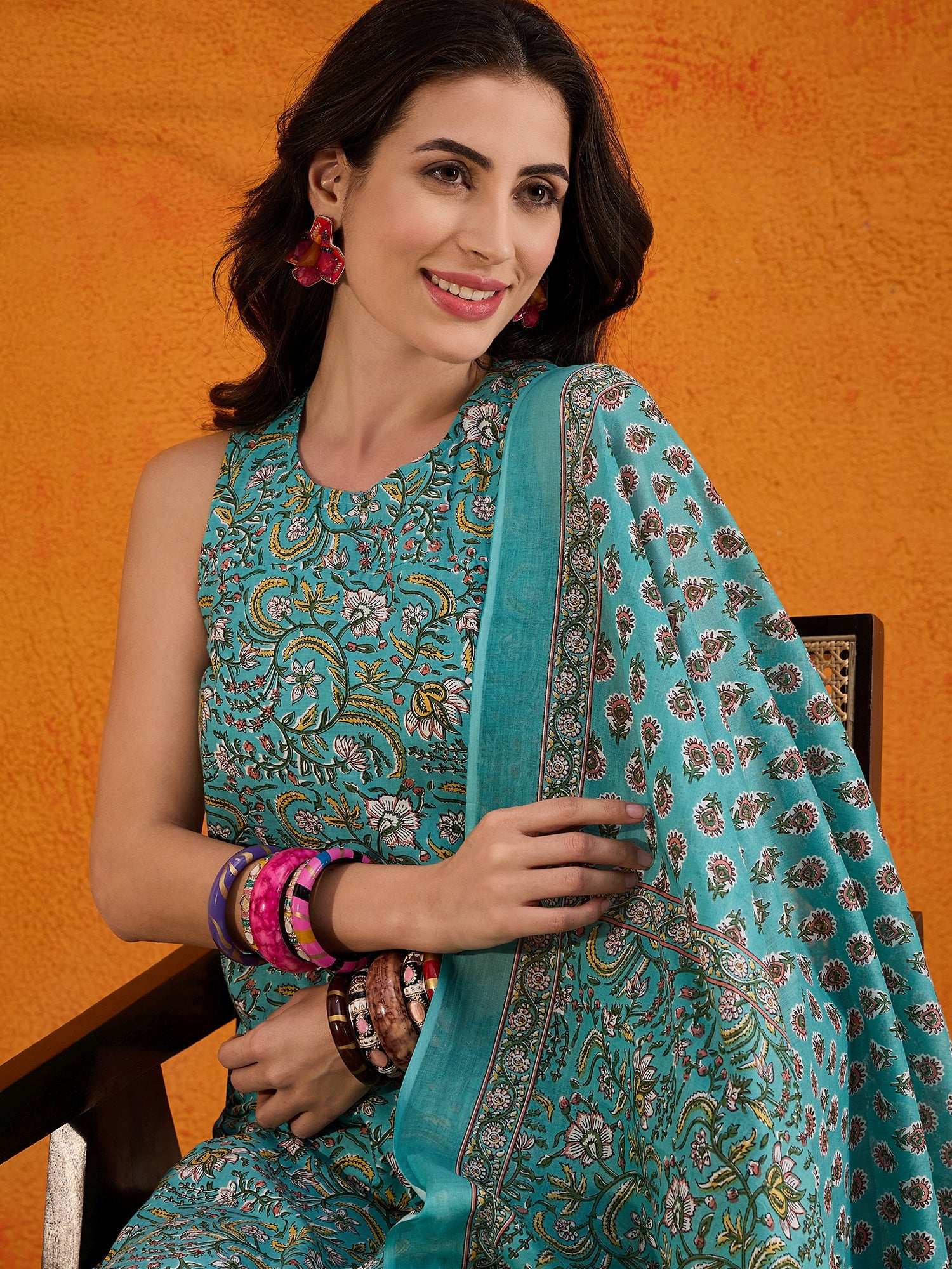 Teal Jaal Kalamkari Round Neck Kurta Set W Dupatta