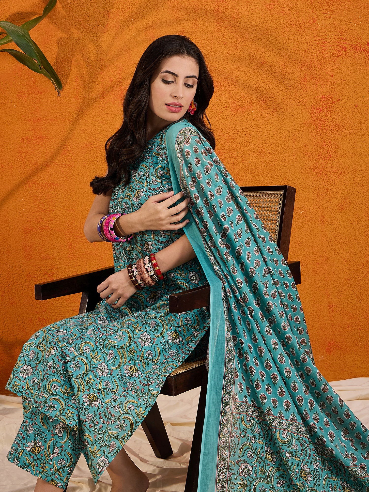 Teal Jaal Kalamkari Round Neck Kurta Set W Dupatta