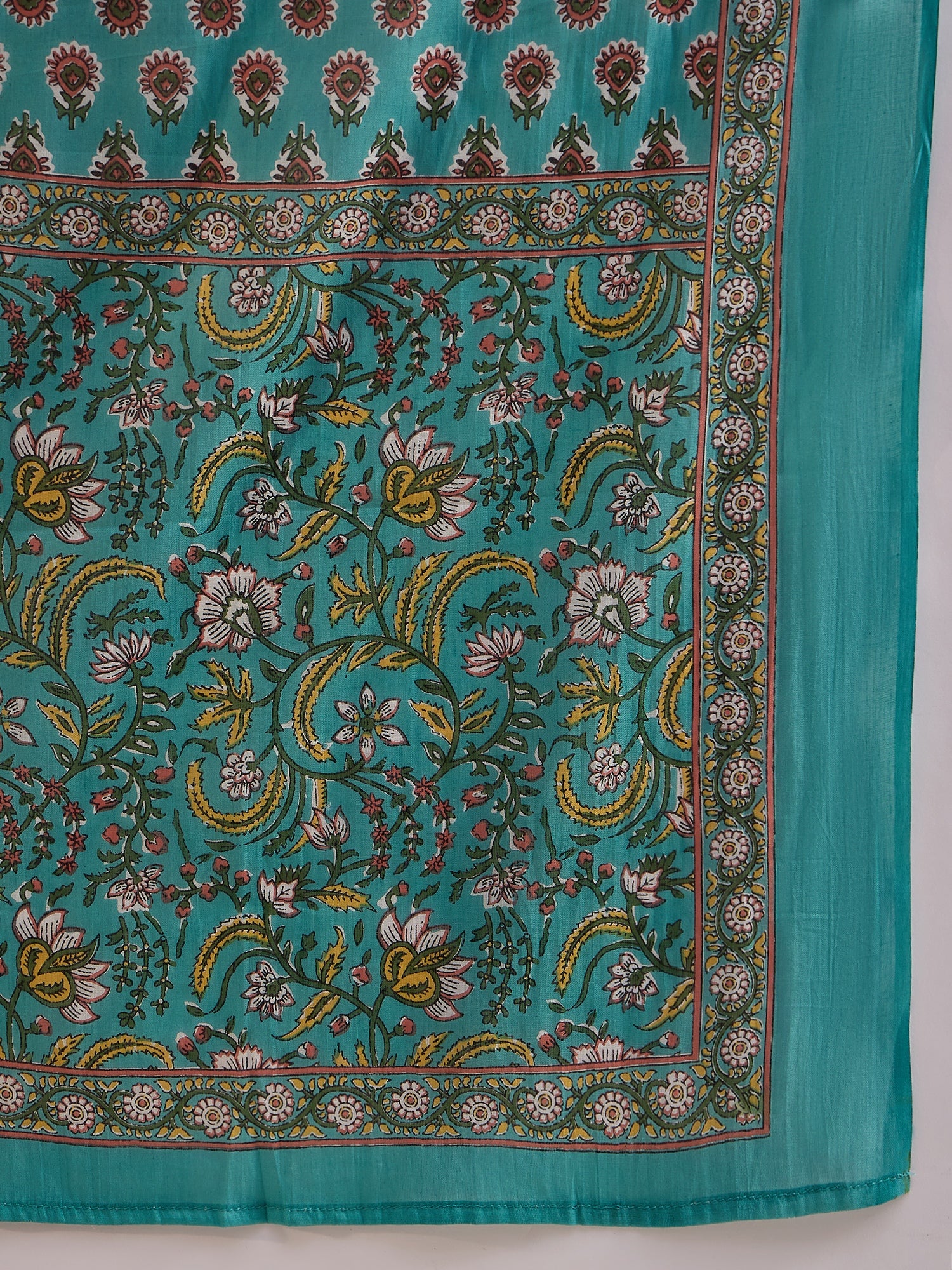 Teal Jaal Kalamkari Round Neck Kurta Set W Dupatta