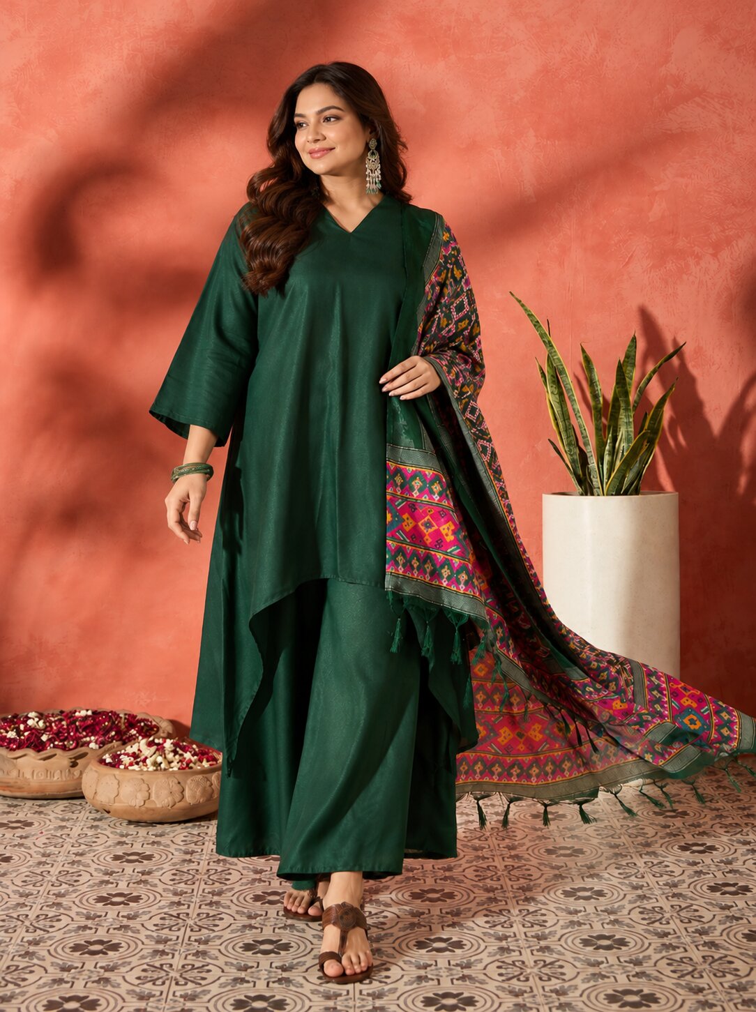 Dark Green Mandarin Patola Kurta Set