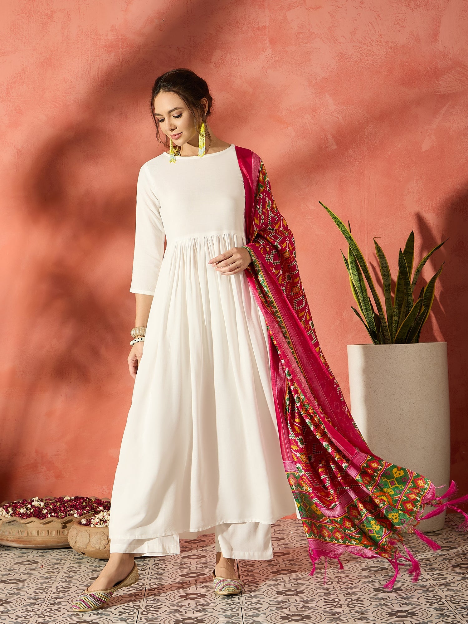 White Anarkali Patola Kurta Set - Main Image