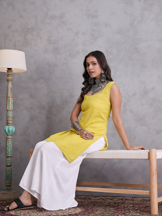 Yellow Kantha Cream Palazzo Set
