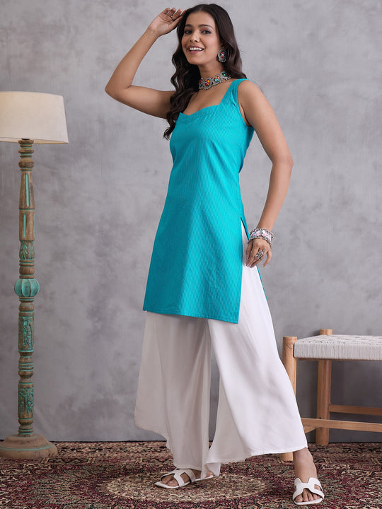 Cyan Blue Kantha Cream Palazzo Set