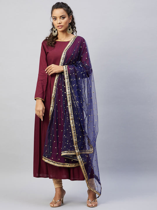 Maroon Solid Long Kurta With Navy Net Dupatta