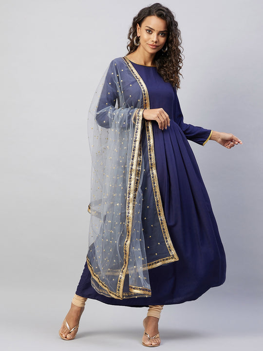 Navy Solid Long Kurta With Light Blue Net Dupatta