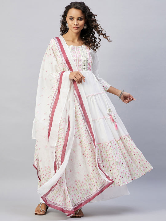 Pink White Mirror Print Kurta With Dupatta