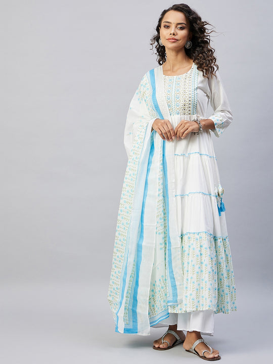 Sky Blue White Mirror Print Kurta With Dupatta