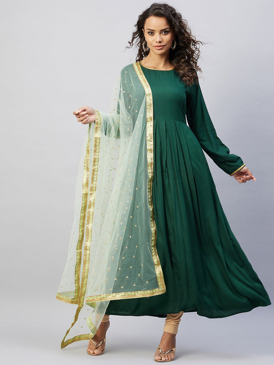 Green Solid Long Kurta With Mint Green Net Dupatta