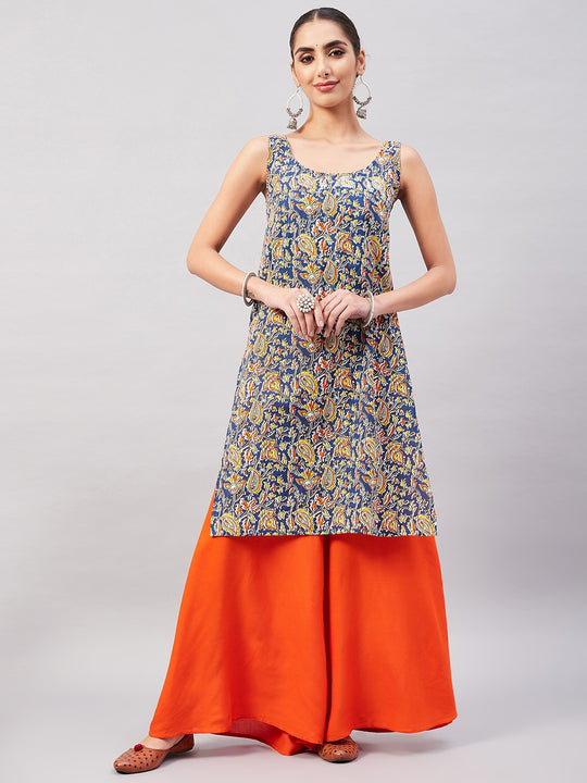 Blue Kalamkari Straight Kurta Palazzo Set