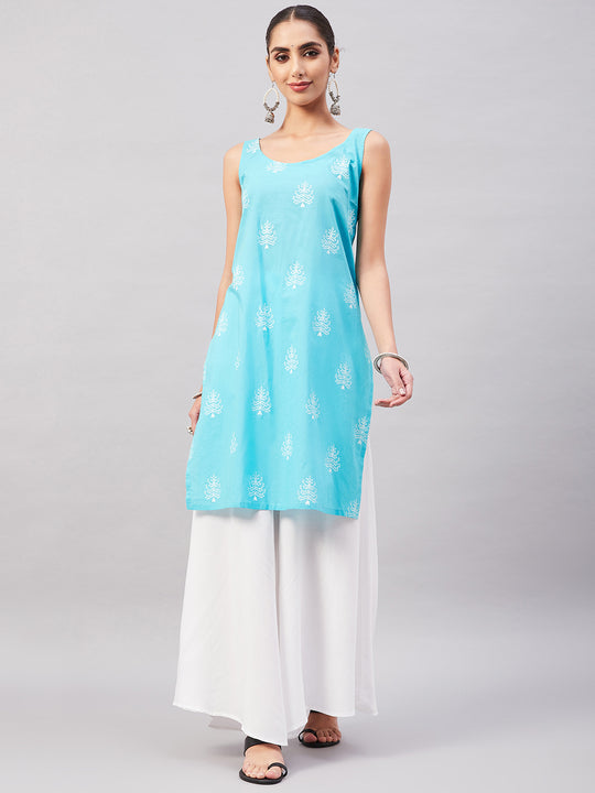 Sea Blue Print Straight Kurta Palazzo Set
