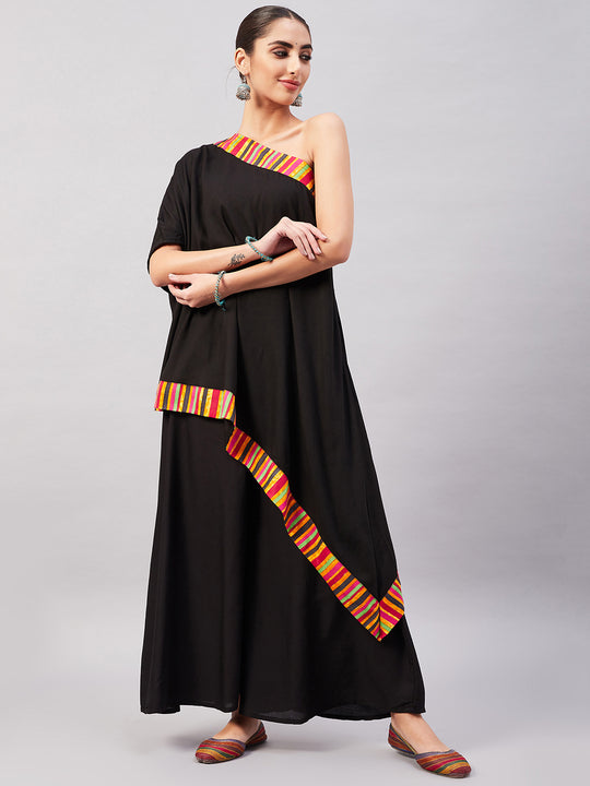 Black Multi Striped One Shoulder Kurta Set